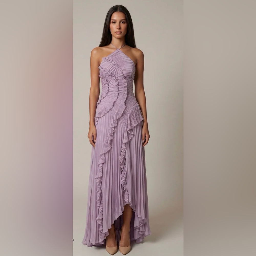 Asymmetrical Lavender Ruffled Pleated Maxi Dress
